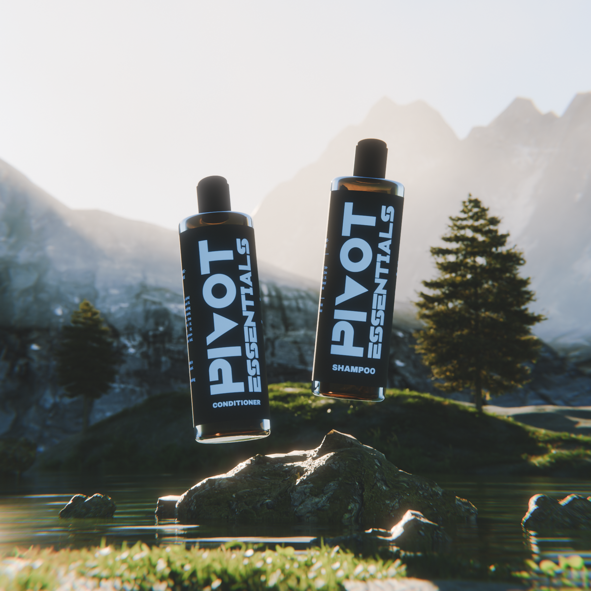 PIVOT shampoo and conditioner bottles in a mountain landscape